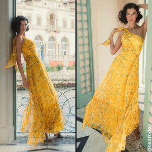 Mac Duggal 55427‎ Size 8 Yellow Green Floral One Shoulder Long Maxi Gown Dress